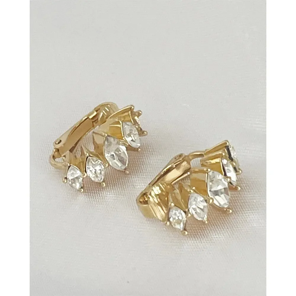 DIOR Gold Tone Earrings Cluster Marquise Cut Crystals Clip On MISSING CRYSTAL